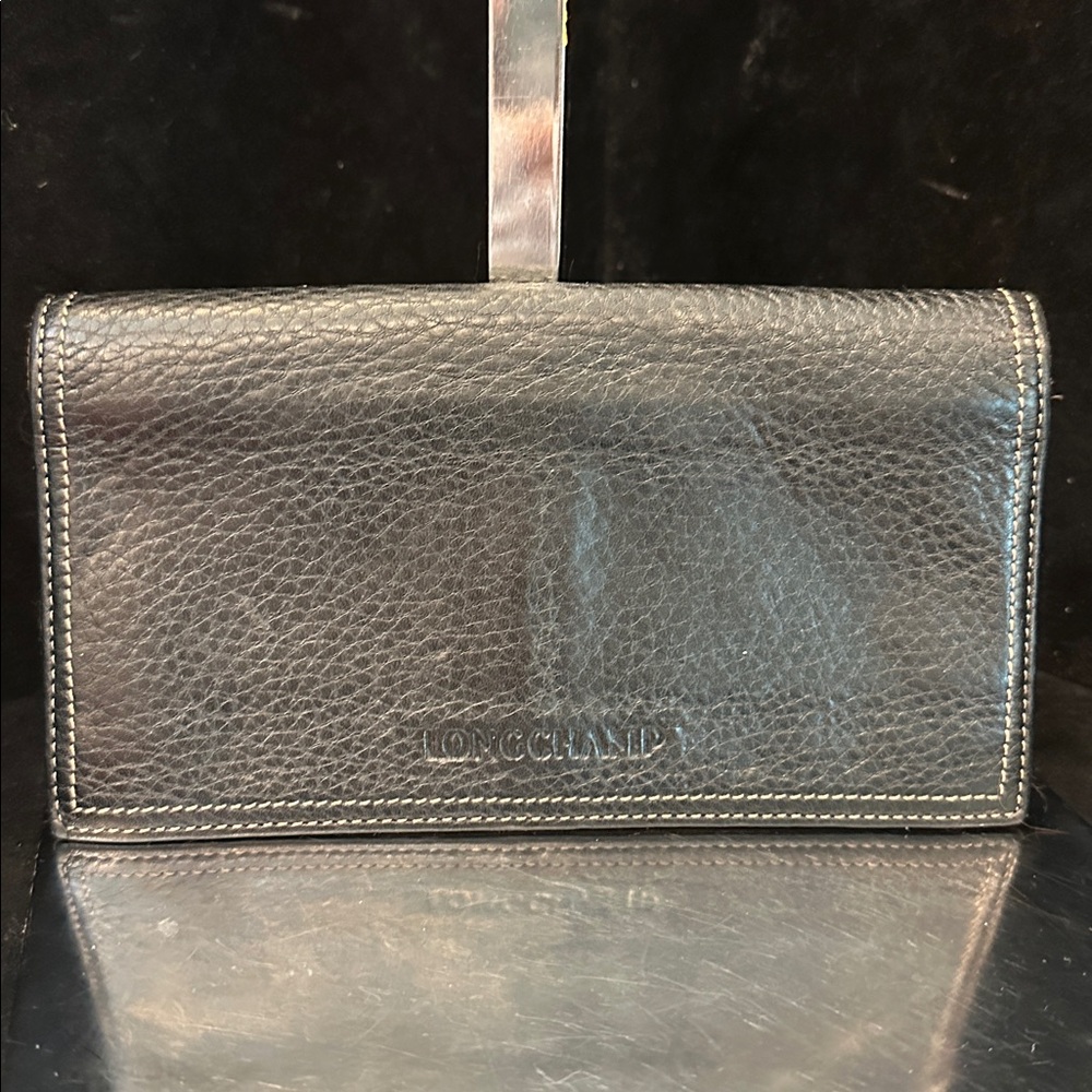 Longchamp Black Leather Wallet with Contrast Stitching